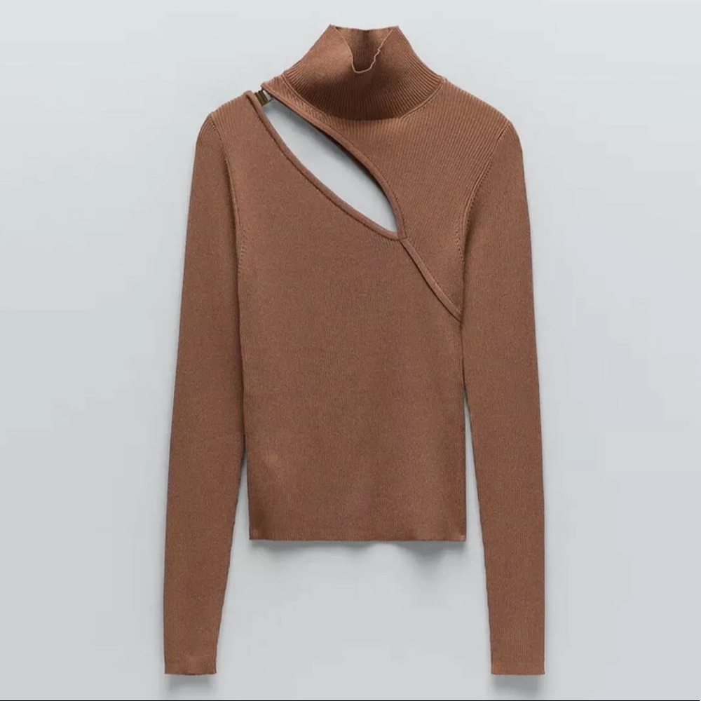 ZARA Cut Out Knit Top High Collar Opening Medium